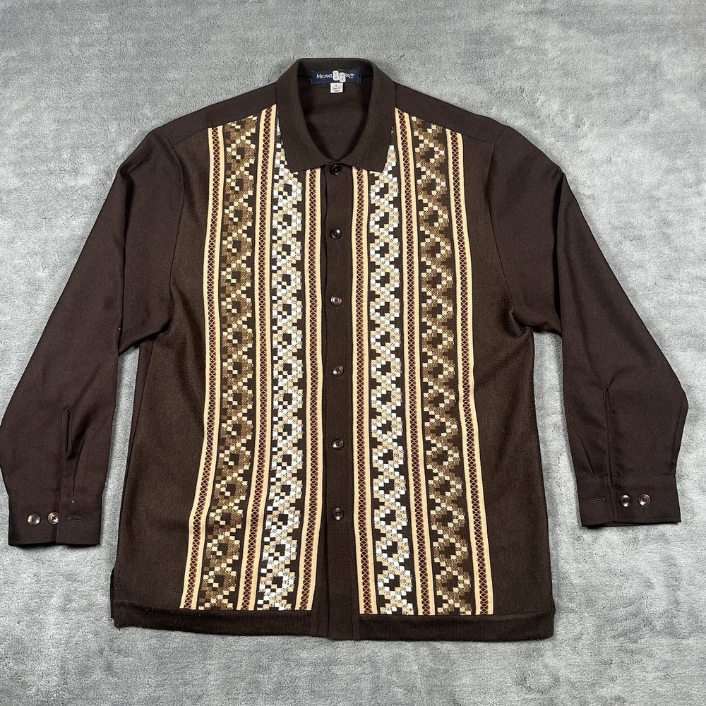 MICHAEL IRVIN 88 Men Vintage Brown Collared Knit Button Cardigan Shirt Sweater - Picture 5 of 11